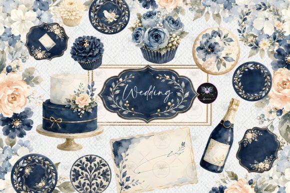 Download Navy Blue Floral Wedding Watercolor Clip - Water Collection