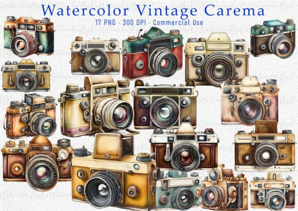 Download Watercolor Vintage Camera Clipart Bundle - Water Collection